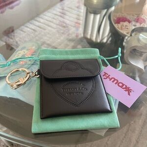 Tiffany & Co. Black Leather Heart Keychain with Mint Pouch